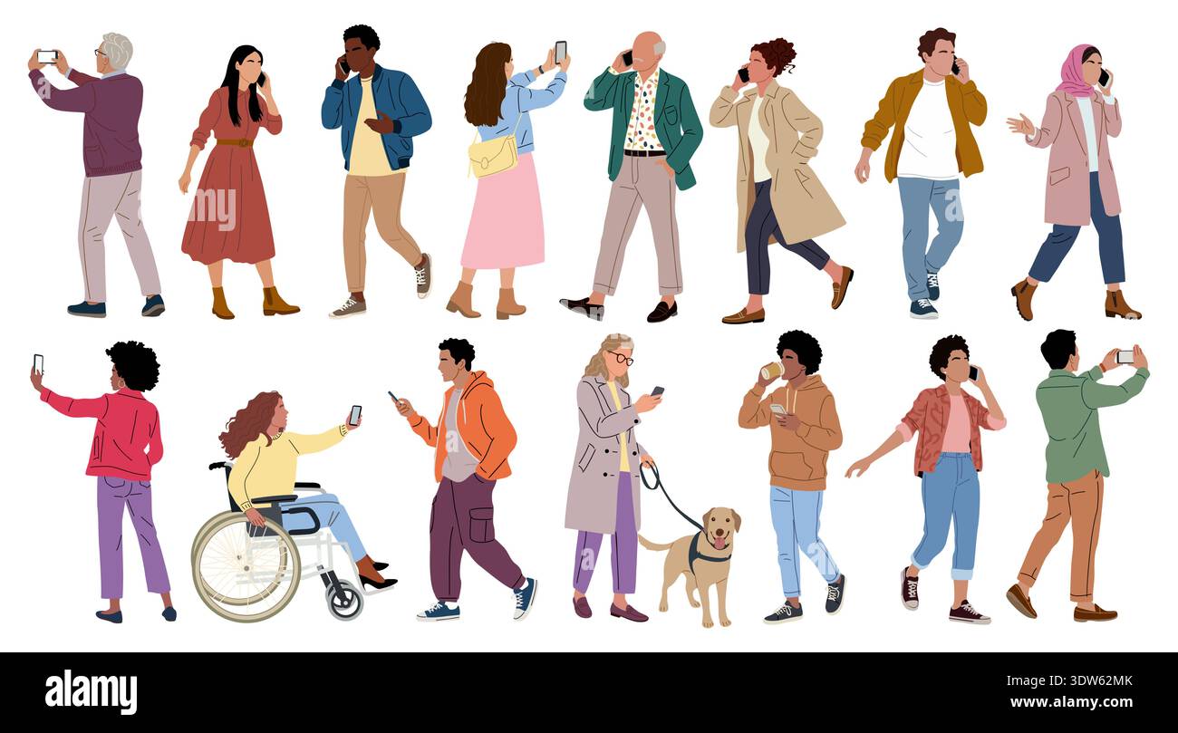 Set di uomini e donne diversi che utilizzano smartphone Illustrazione Vettoriale