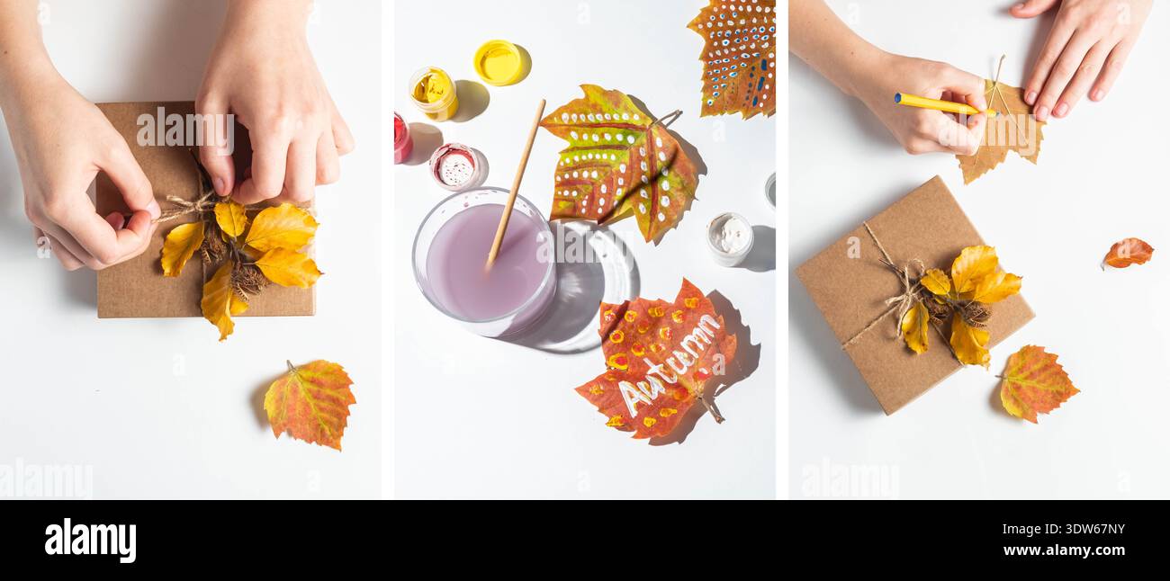 Le mani femminili scrivono su una foglia d'acero per decorare una confezione regalo con foglie autunnali su sfondo bianco. Collage di fotografie diverse. Ringraziamento A. Foto Stock