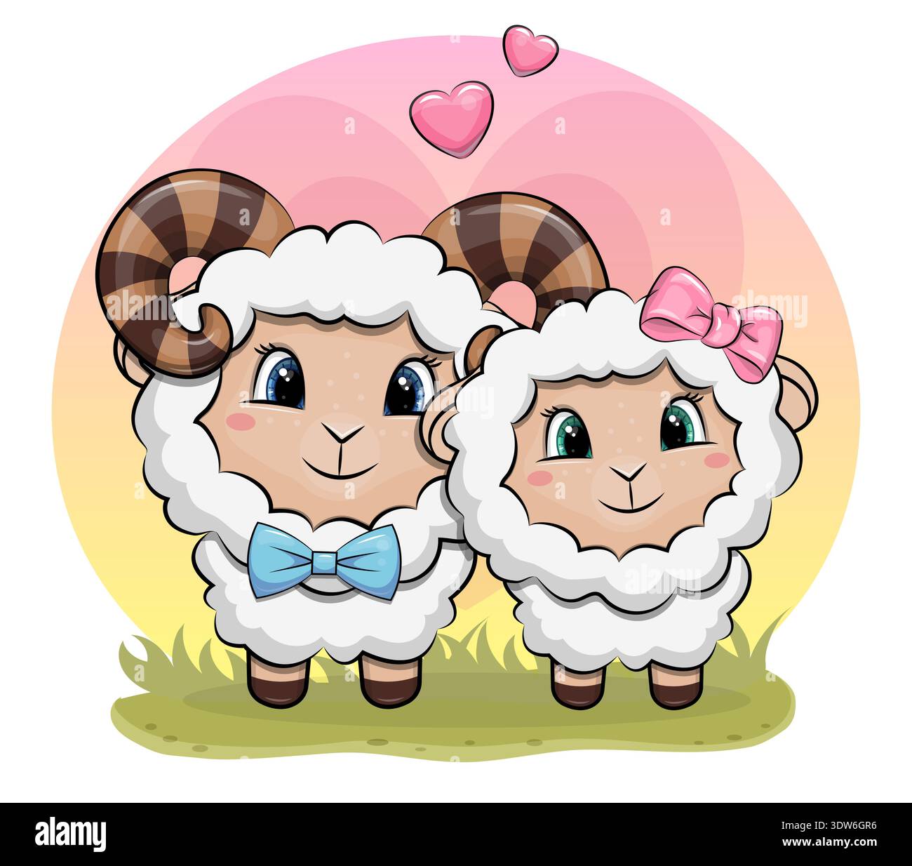 Una bella coppia di agnelli cartoni sull'erba. Illustrazione vettoriale del montone e della pecora su sfondo rosa. Illustrazione Vettoriale
