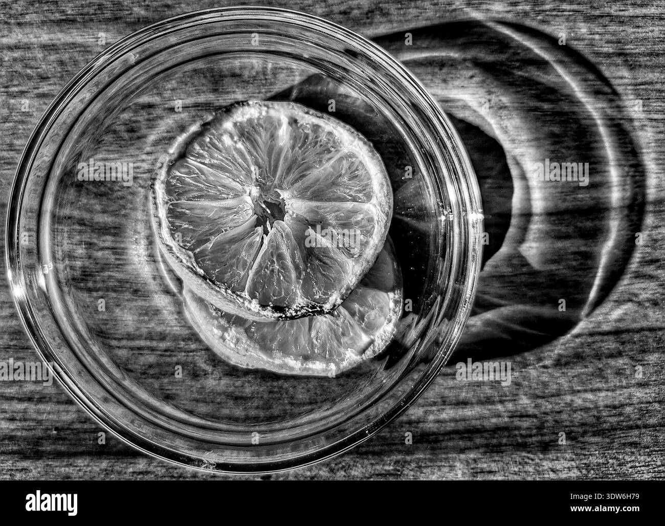 Fetta di limone monocromatica in vetro sopra l'alto composizione con ombre circolari e riflessi su legno testurizzato, rifinitura nitida, nitidezza a contrasto elevato, M Foto Stock