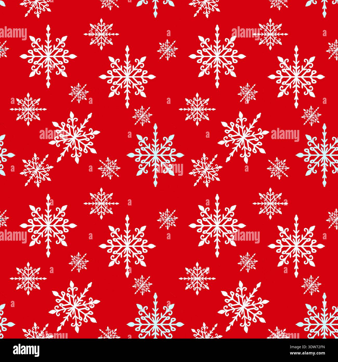 Motivo senza cuciture con neve e fiocchi di neve disegnati a mano su sfondo rosso, illustrazione natalizia per l'imballaggio della carta, design di imballaggio e stampa su tessuto Foto Stock