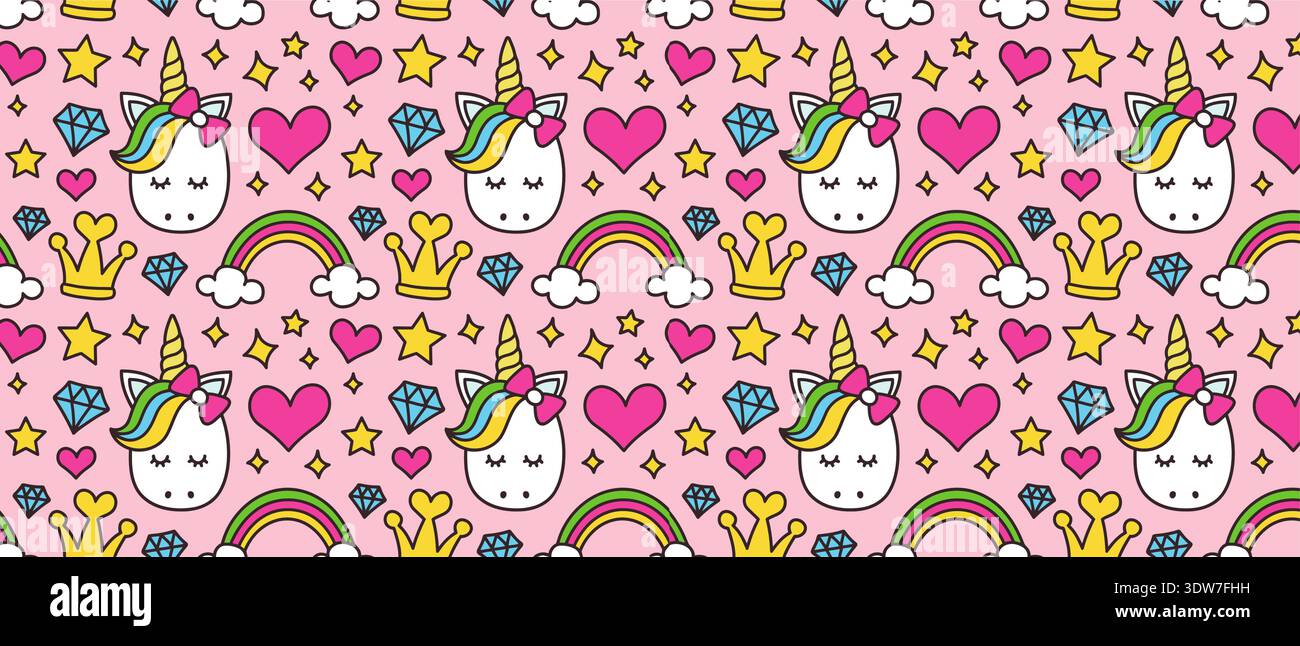 Magical Unicorn and Rainbow Seamless Pattern, simpatiche fiabe per Baby Girl Nursery Wallpaper Illustrazione Vettoriale