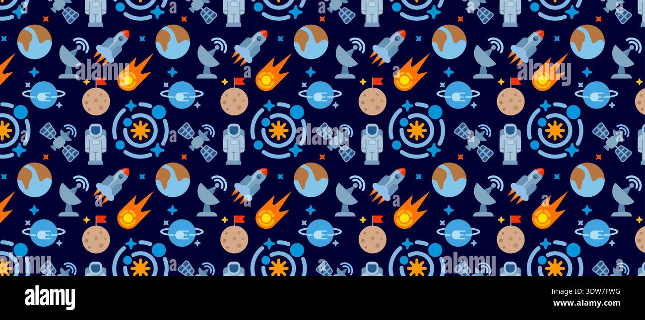 Space Adventure Seamless Pattern with Rockets astronauts and Planets for Kids Bedroom Wallpaper Illustrazione Vettoriale