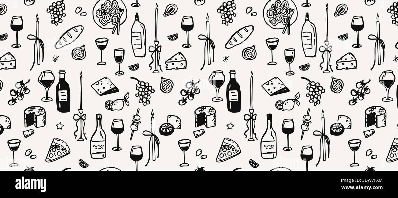 Festa e festa con motivo senza cuciture, vino, formaggio e spuntini per il menu del catering. Illustrazione Vettoriale