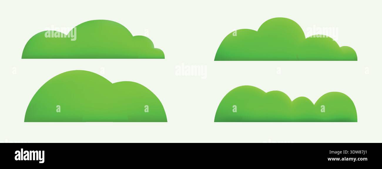 Set di colline 3D con erba verde. Carino isola dei cartoni animati o verdi montagne isolate su sfondo trasparente Illustrazione Vettoriale