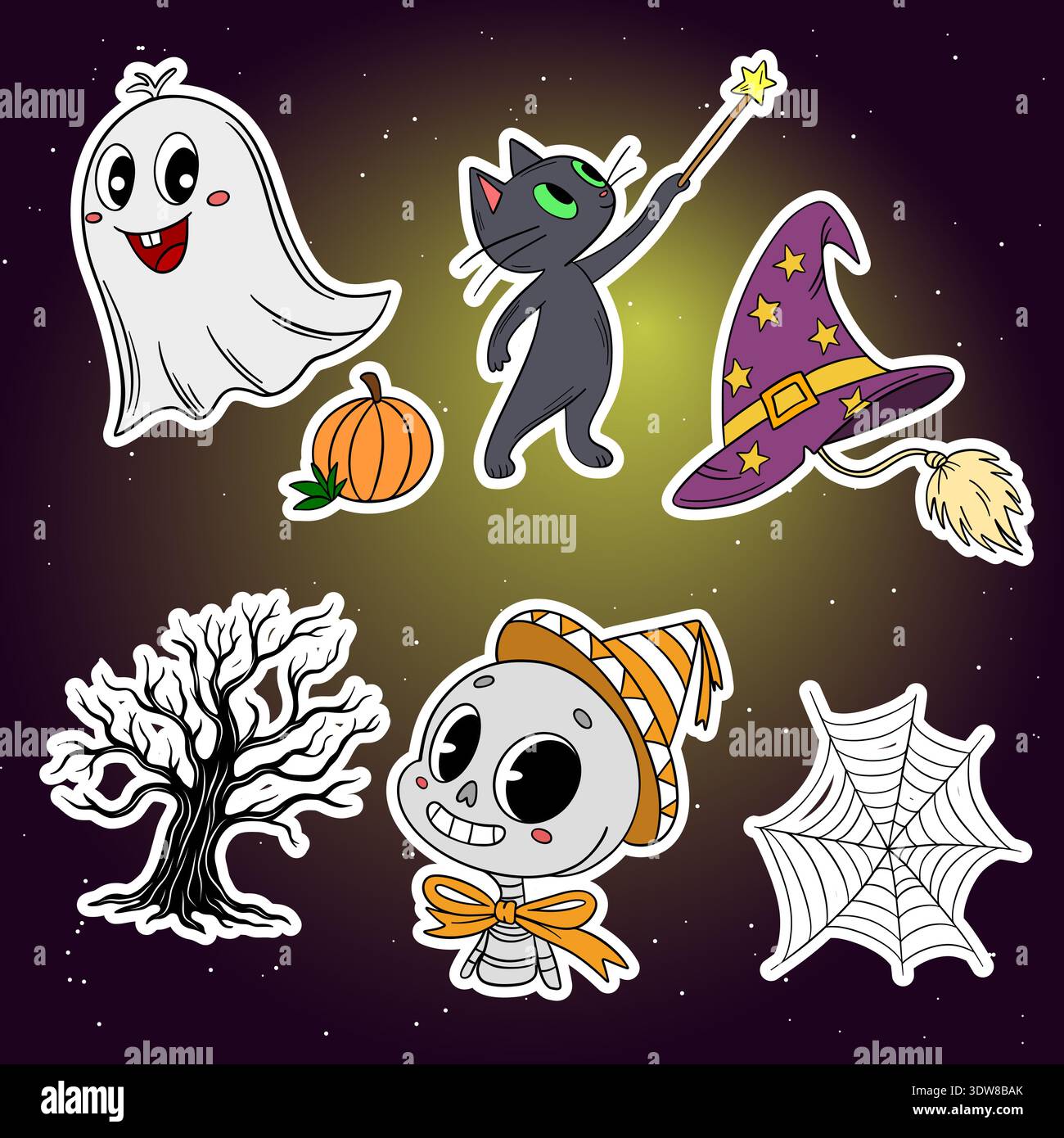 Collezione di adesivi Halloween Set con elementi e personaggi carini. Festival magico di ottobre Foto Stock