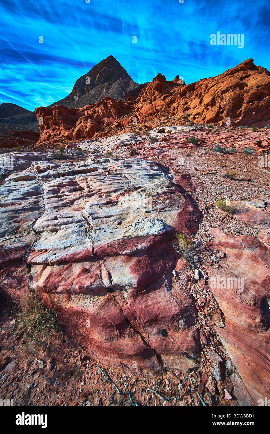 Formazioni di Red Rock Rugged Desert Landscape e Mountain Peak sotto il vibrante cielo blu Foto Stock