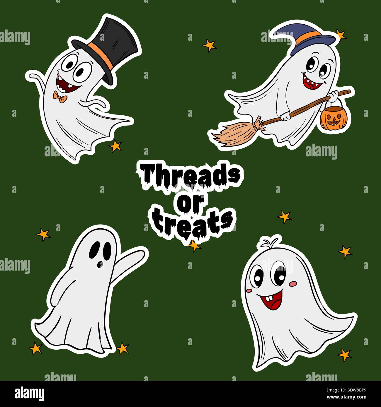 Set di adesivi per l'occasione di Halloween. Avatar carino e divertente dei personaggi fantasma. Decorazione di Halloween autunno ottobre festivo Foto Stock