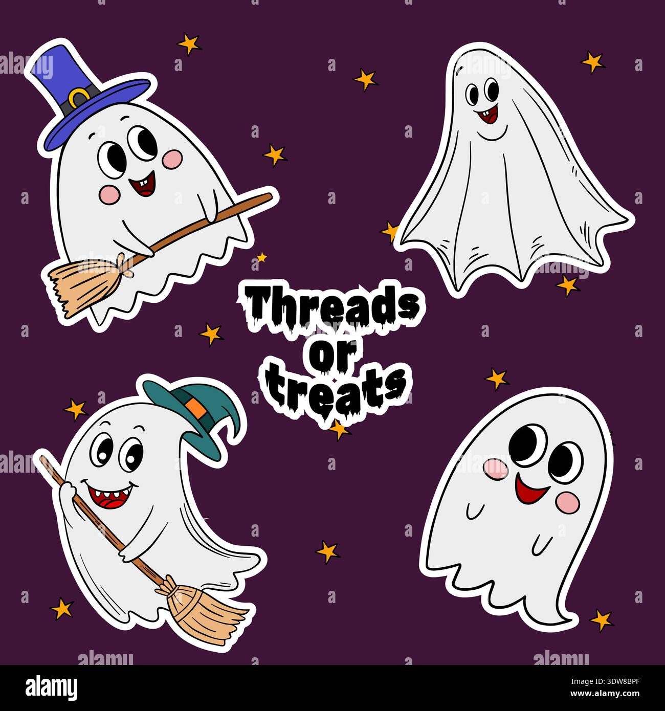 Set di adesivi per l'occasione di Halloween. Avatar carino e divertente dei personaggi fantasma. Decorazione di Halloween autunno ottobre festivo Foto Stock