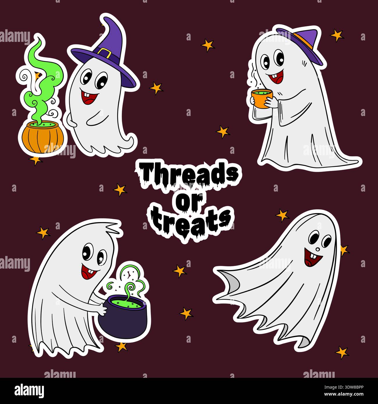 Set di adesivi per l'occasione di Halloween. Avatar carino e divertente dei personaggi fantasma. Decorazione di Halloween autunno ottobre festivo Foto Stock