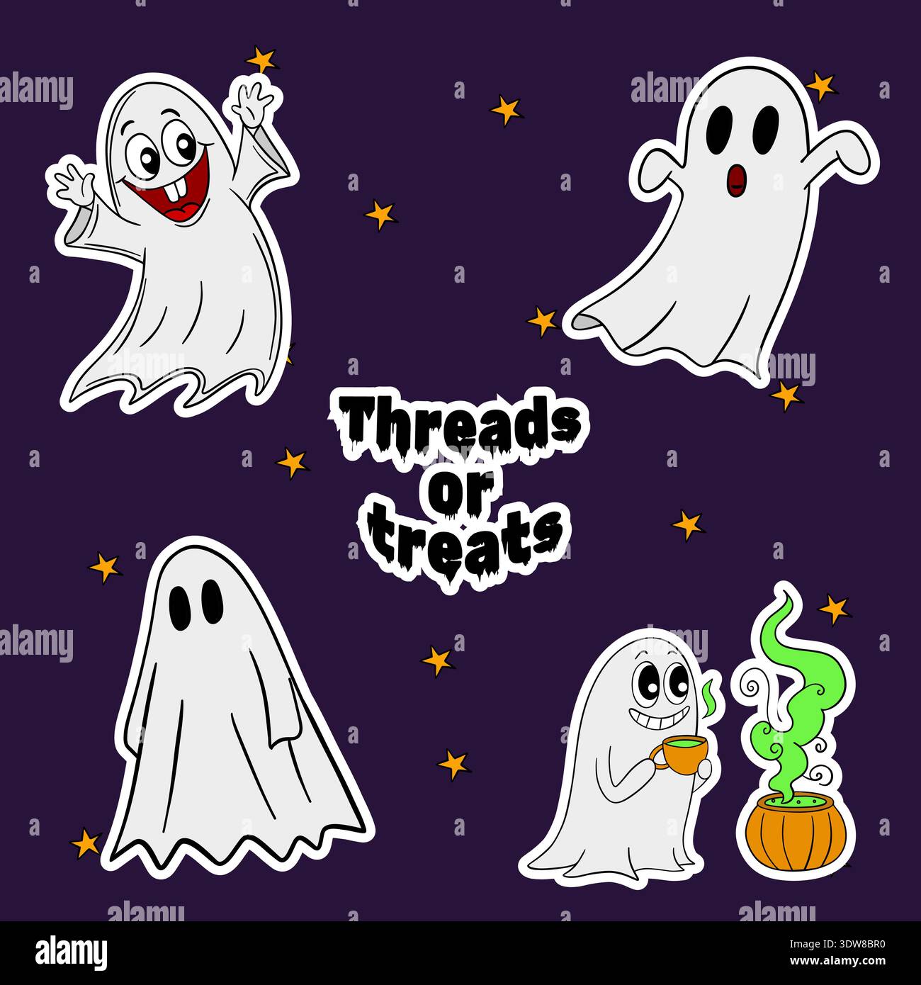 Set di adesivi per l'occasione di Halloween. Avatar carino e divertente dei personaggi fantasma. Decorazione di Halloween autunno ottobre festivo Foto Stock