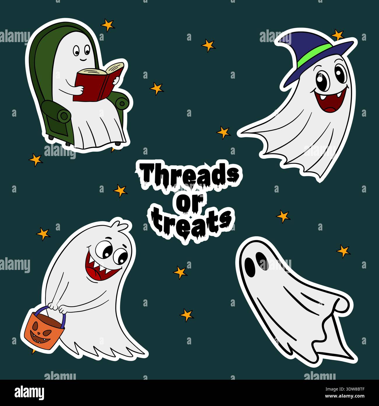 Set di adesivi per l'occasione di Halloween. Avatar carino e divertente dei personaggi fantasma. Decorazione di Halloween autunno ottobre festivo Foto Stock