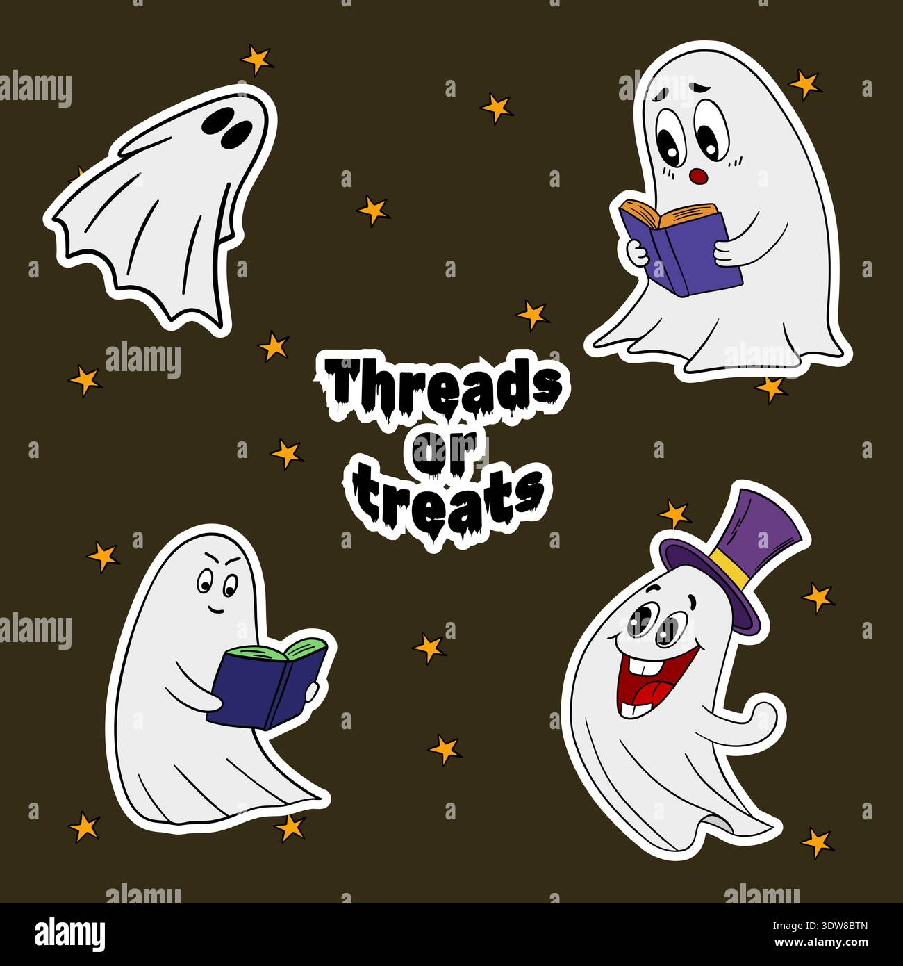 Set di adesivi per l'occasione di Halloween. Avatar carino e divertente dei personaggi fantasma. Decorazione di Halloween autunno ottobre festivo Foto Stock