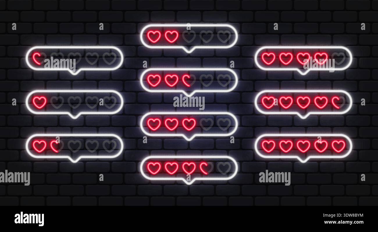 Icone di chat al neon con livelli di classificazione cardiaca da basso a alto. Forme luminose e luminose si distinguono su uno sfondo scuro. Adatto per interfacce app Illustrazione Vettoriale