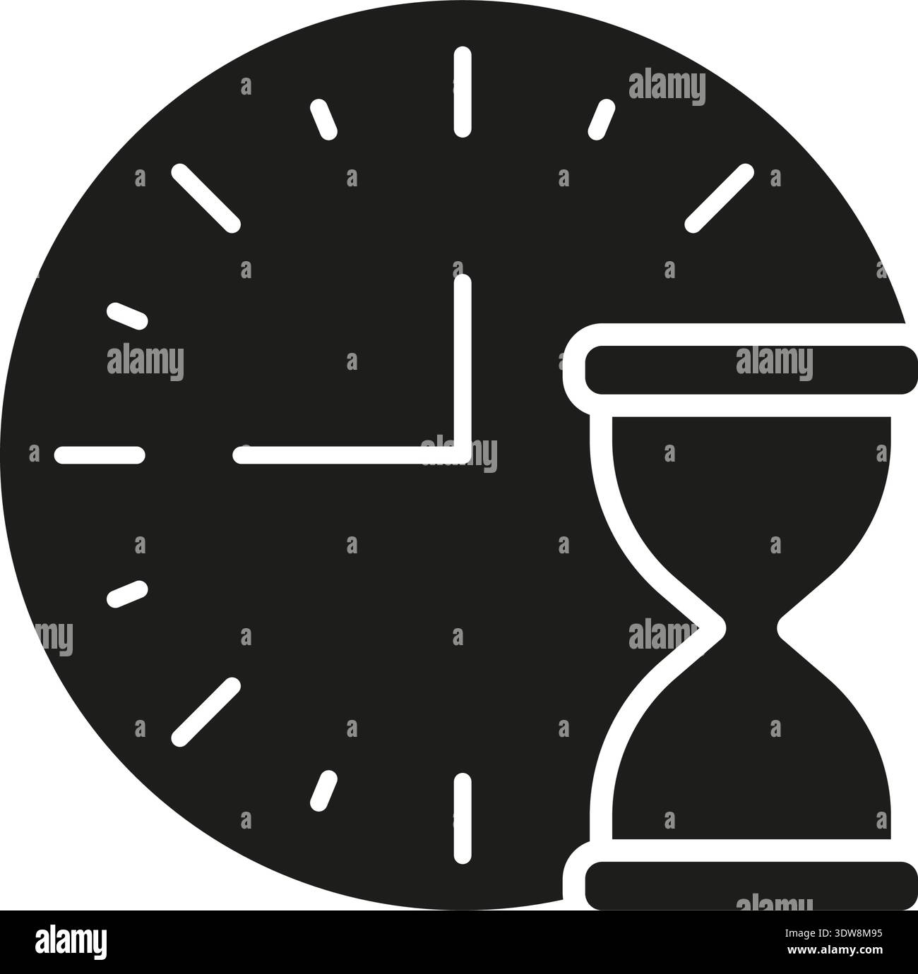 Icona orologio con clessidra piena. Simbolo di silhouette per la gestione del tempo, la scadenza e la produttività. Pianificazione efficiente e pianificazione delle attività Illustrazione Vettoriale