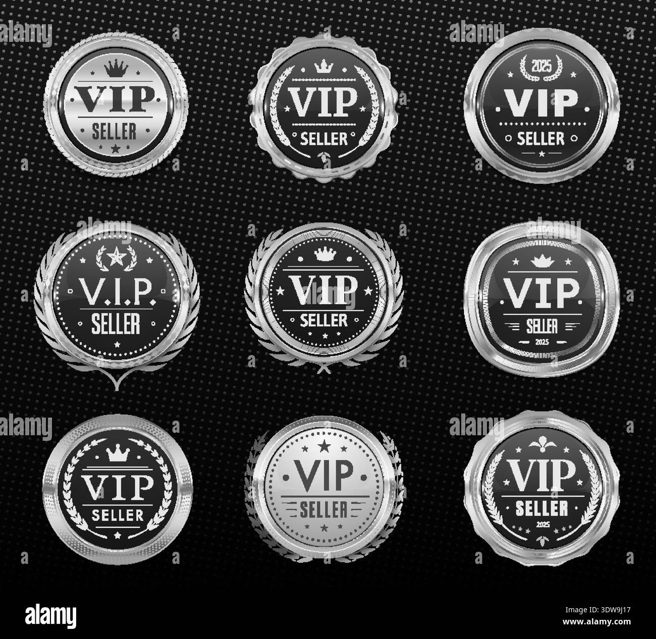 Distintivi ed etichette in argento da venditore VIP, sigilli, medaglie con corone e corone d'alloro. Badge vettoriali argento premium per marchi di lusso, promozioni VIP, certificazioni di qualità esclusive Illustrazione Vettoriale