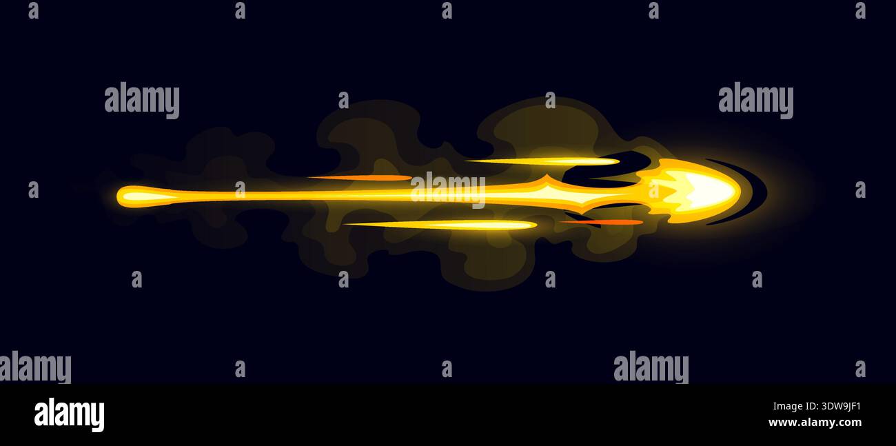 La pistola da gioco o il blaster sparano effetti luminosi. Luce laser vfx gialla vettoriale dei cartoni animati, energia magica e scintille per una fantastica esplosione di armi. Colpo di pistola, fulmine, traccia con striature e vapori Illustrazione Vettoriale