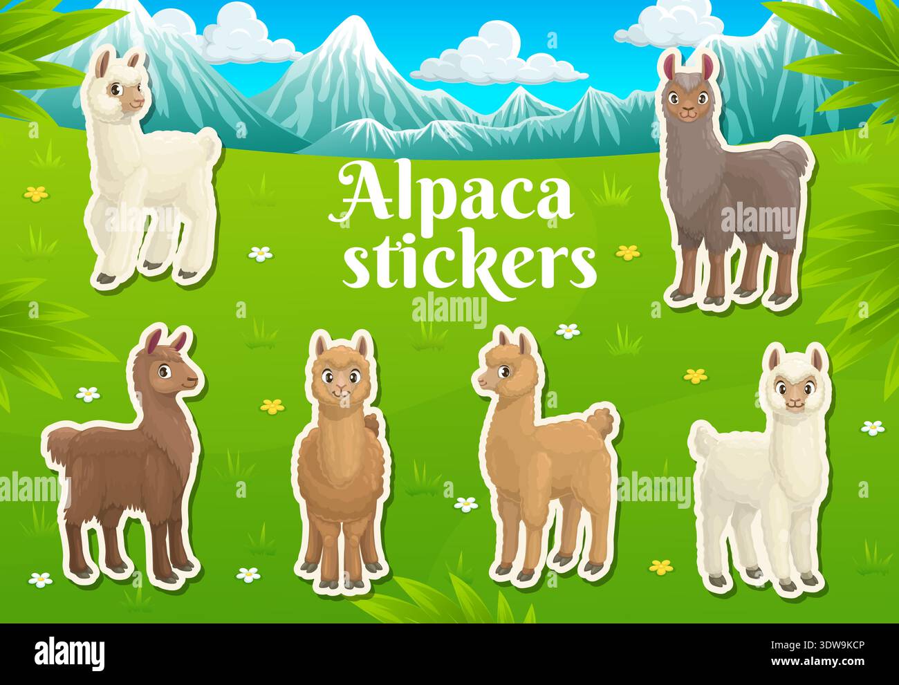 Vignetta lama e alpaca adesivi di divertenti lama Animals, pacchetto vettoriale. Adesivi per bambini di adorabili lama o alpaca con allegri volti di museruola sul prato verde delle montagne innevate Illustrazione Vettoriale