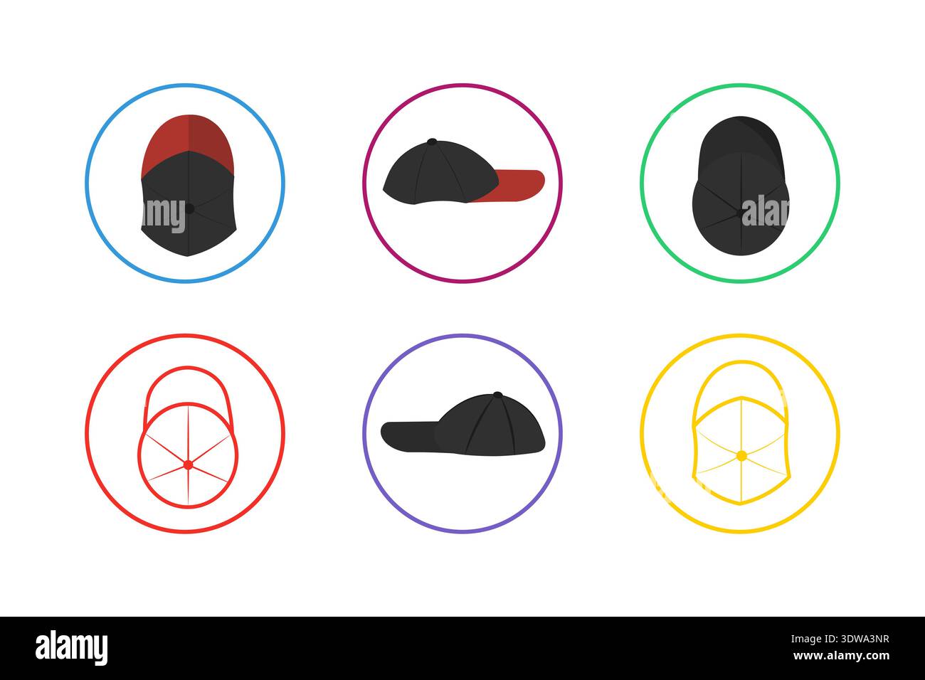 Il set di icone Colorful Caps può essere utilizzato per progetti aziendali, presentazioni o qualsiasi altro design adatto. Illustrazione Vettoriale