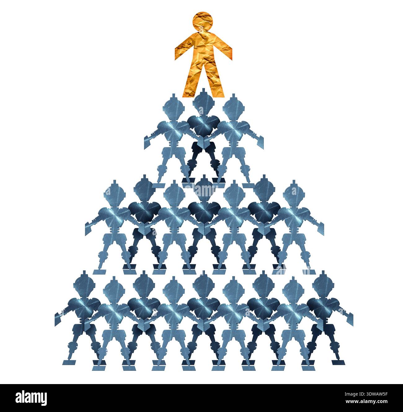 Gestire gli agenti di intelligenza artificiale come un essere umano sopra una piramide come manager o ceo responsabile dei bot di intelligenza artificiale o di gestire un gruppo di robot come un ne Foto Stock