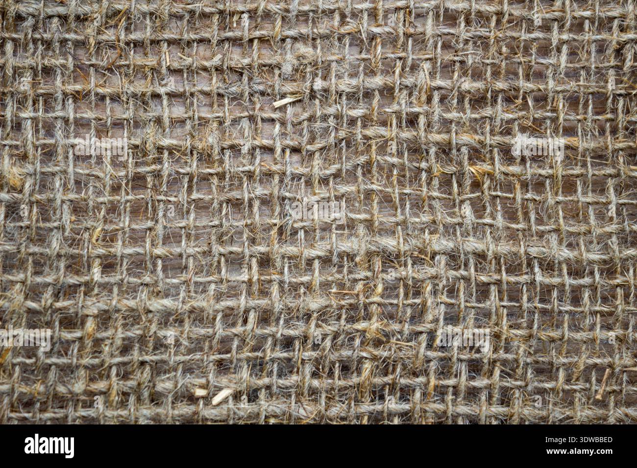 Un primo piano di un tessuto di lino grezzo con un'ampia tela che mostra la sua texture naturale e il suo fascino rustico. La tessitura spessa e organica Foto Stock