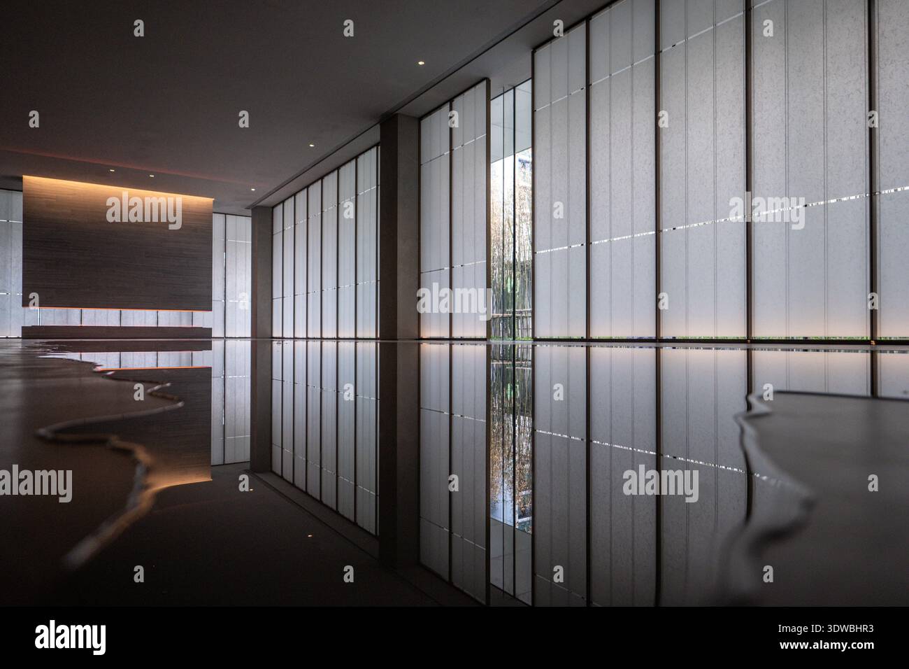 Ripresa orizzontale di un interno spazioso e moderno con pareti divisorie, illuminazione calda e un'ampia superficie d'acqua che crea riflessi perfetti. Foto Stock