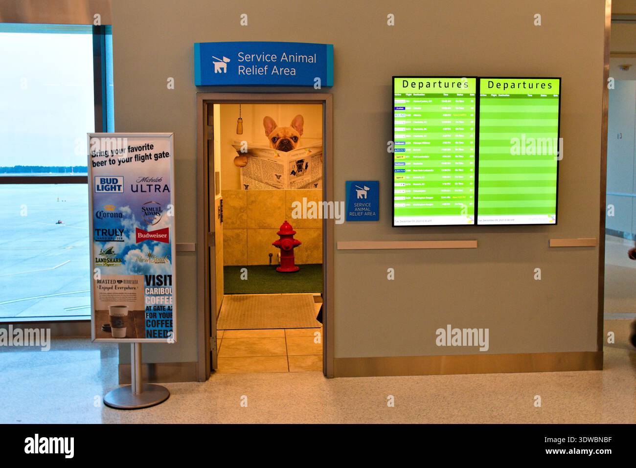 Myrtle Beach, South Carolina - 9 dicembre 2025: L'aeroporto di Myrtle Beach offre un'area di soccorso per animali per rendere più facile viaggiare con un animale di servizio. Foto Stock