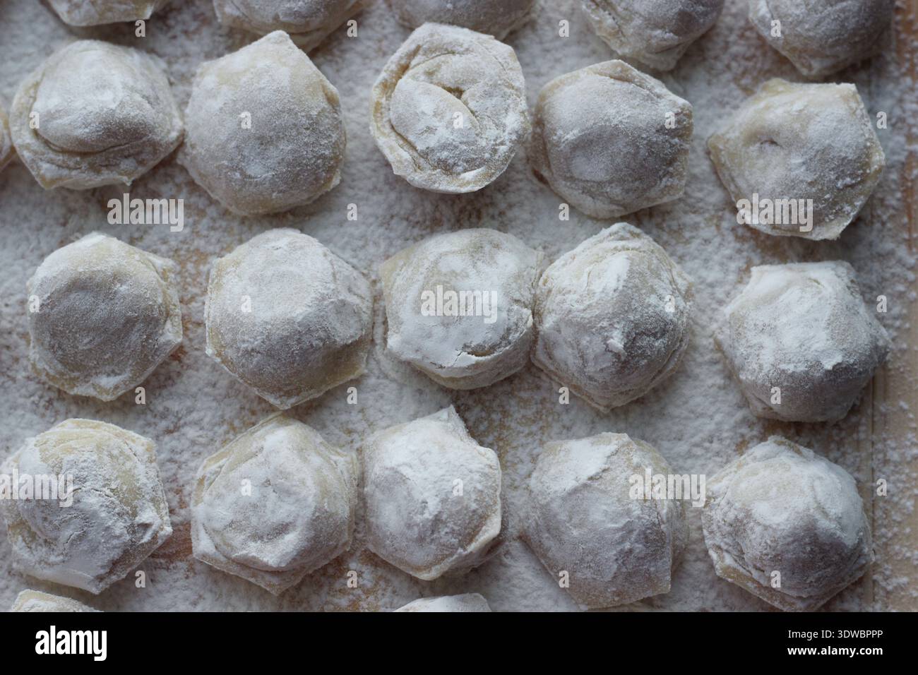 Pelmeni grezzi disposti in file su una superficie di legno infarinata. Vista dall'alto dei tradizionali gnocchi dell'Europa orientale prima di cucinare Foto Stock
