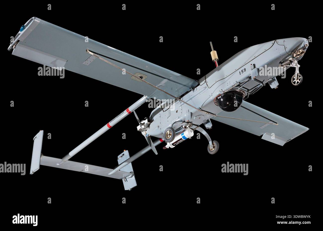 Pioneer RQ-2A UAV è un aereo da ricognizione senza equipaggio introdotto nel 1985 per la sorveglianza militare degli Stati Uniti e le missioni di acquisizione di obiettivi. Sviluppato congiuntamente da AAI Corporation e Israel Aircraft Industries, il drone è dotato di un'elica spintore, due bracci posteriori e pilotaggio remoto con recupero tramite rete o attrezzatura di arresto. L'immagine di archivio registra una piattaforma di ricognizione in campo di battaglia costruita in composito utilizzata dalle forze statunitensi. Foto Stock
