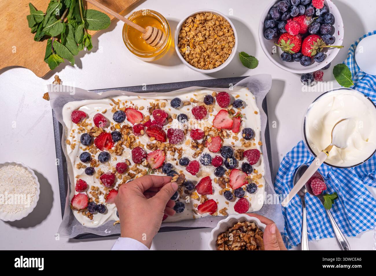 Preparazione della cottura con sfondo di corteccia di yogurt congelato con yogurt greco, bacche fresche, muesli, miele, salsa al cioccolato, con vassoio da forno deco. Vista dall'alto della donna Foto Stock