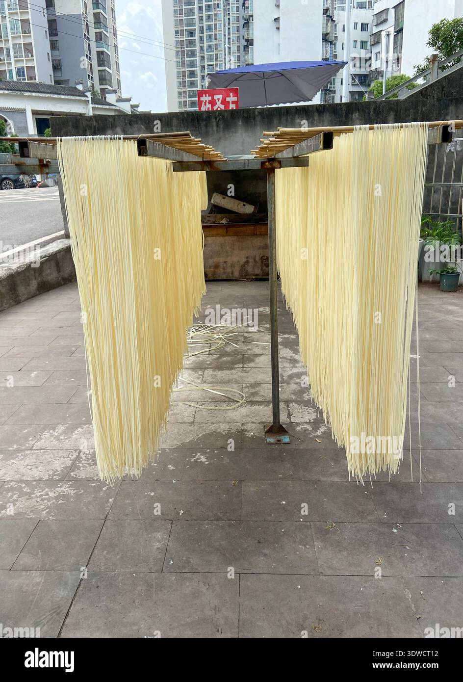 I tradizionali spaghetti asiatici si asciugano al sole e all'aria, un metodo usato per affinare i tagliatelle e migliorarne la consistenza. Foto Stock