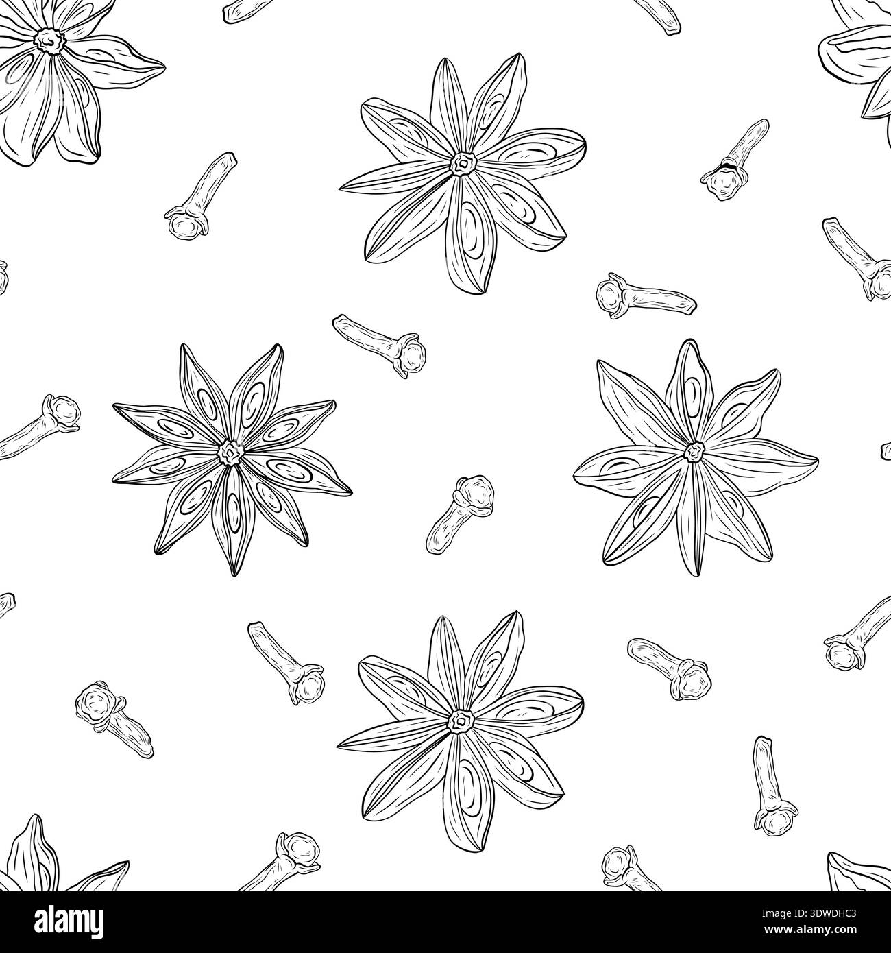 Anice stellato, chiodi di garofano secchi. Disegno monocromato botanico senza cuciture di erbe e spezie profumate. Vettore inchiostro grafico Illustrazione Vettoriale