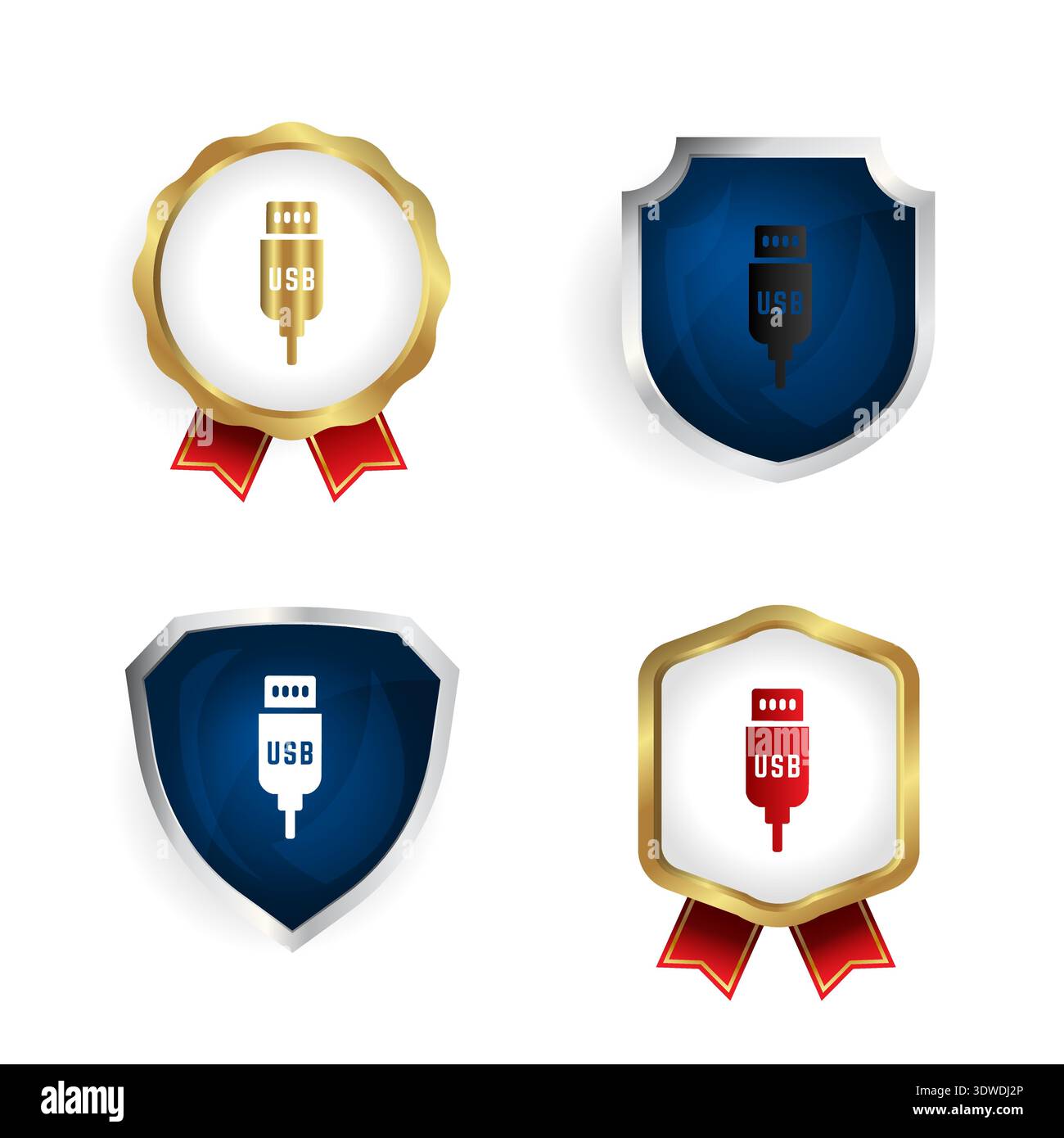Badge per cavo USB astratto e raccolta di etichette, possono essere utilizzati per progetti aziendali, progetti di presentazione o qualsiasi altro progetto adatto. Illustrazione Vettoriale
