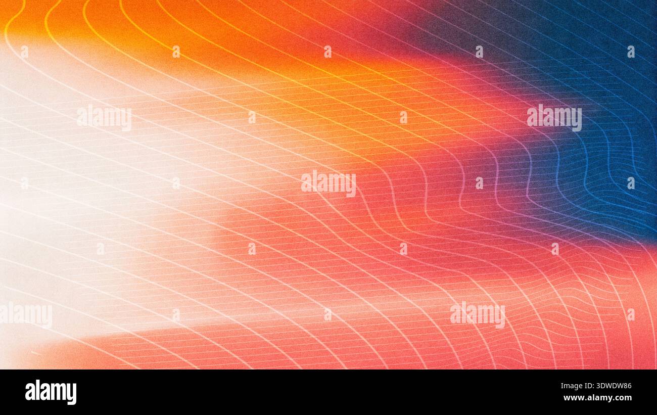 I brillanti vortici di arancione, rosso e blu creano uno sfondo astratto coinvolgente. I gradienti uniformi e le linee fluide evocano un senso di movimento ed energia Foto Stock