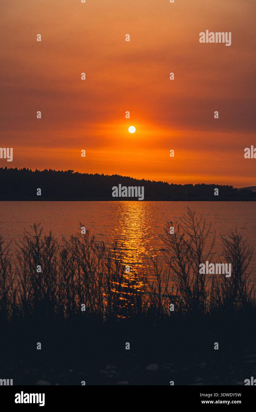 Un tramonto sereno proietta una calda luce arancione sulle acque calme di un lago in Galizia, Spagna. Alberi e cespugli sagomati esaltano la tranquilla serata a. Foto Stock