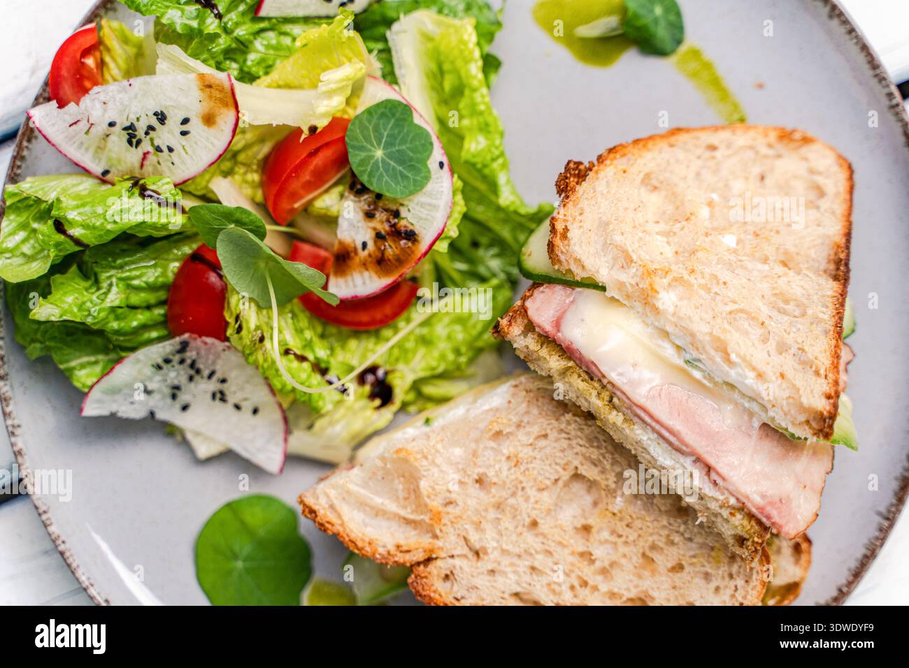 Un delizioso toast a vista con prosciutto e formaggio, abbinato a una vivace insalata di lattuga croccante, pomodori succosi e fette di ravanelli fresche, su un rustico Foto Stock
