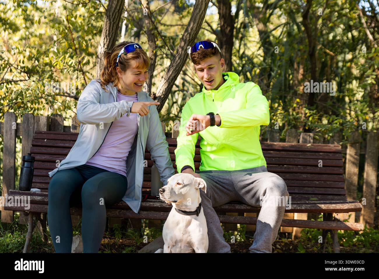 I fratelli e sorelle si godono un momento tranquillo su una panchina del parco con il loro cane. Condividono le risate mentre controllano i loro smartwatch, abbracciando la gioia della natura An Foto Stock