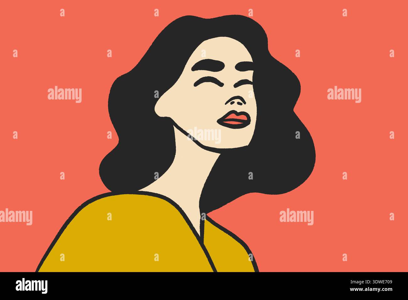 Illustrazione digitale contemporanea del ritratto di una donna, con linee audaci e colori piatti su sfondo corallino. L'opera d'arte incarna il minimalismo A. Foto Stock