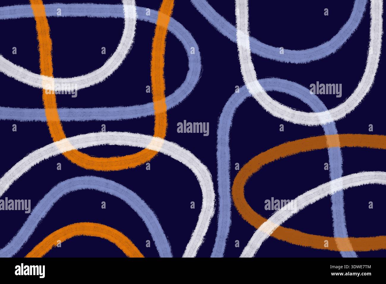 Un'illustrazione astratta con loop arancioni, blu e bianchi su sfondo scuro blu scuro, che crea un motivo visivo intrigante e dinamico con int Foto Stock