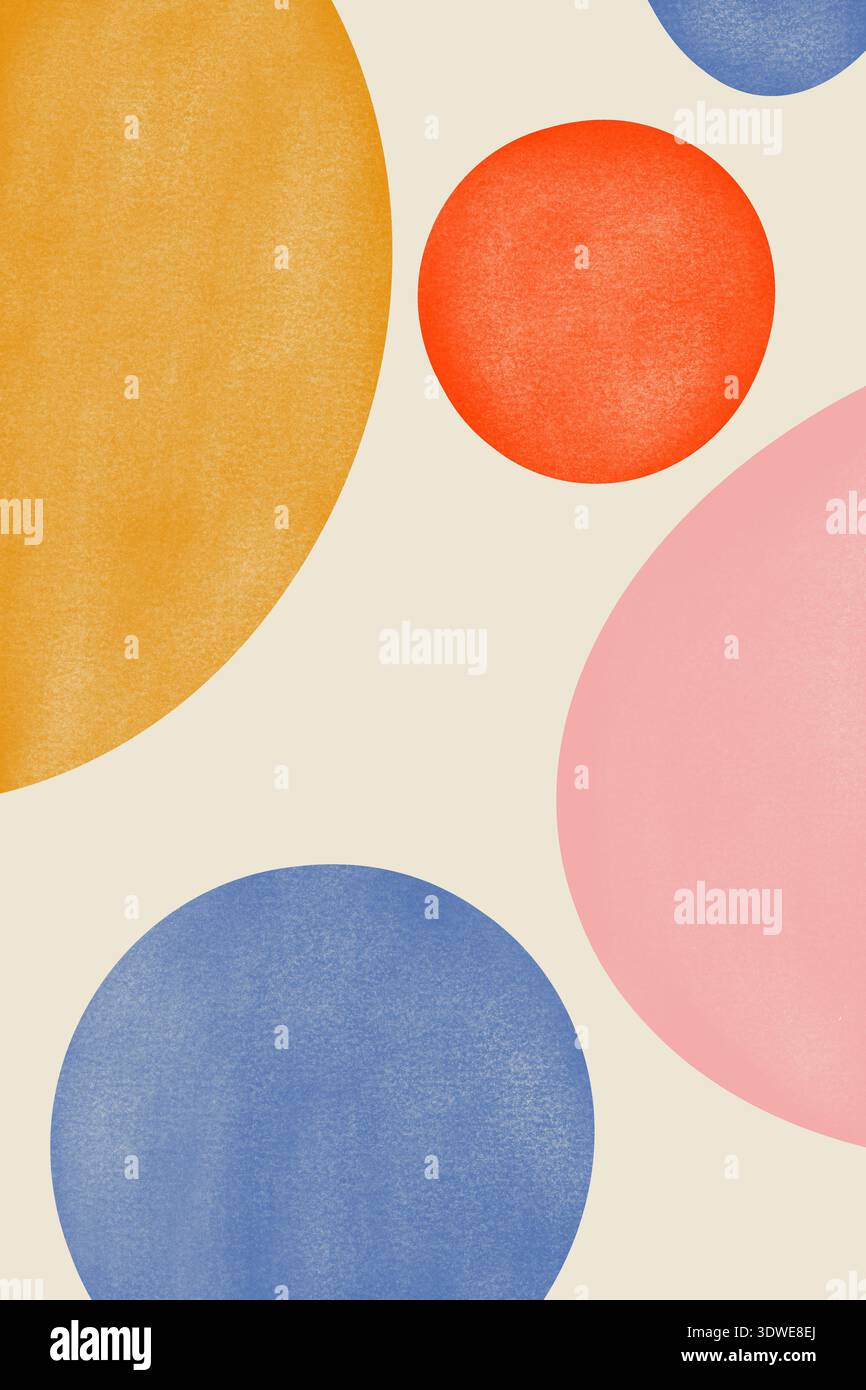Composizione astratta con forme geometriche sovrapposte in vivaci tonalità di arancione, blu e rosa. I cerchi di varie dimensioni creano una visuale dinamica Foto Stock