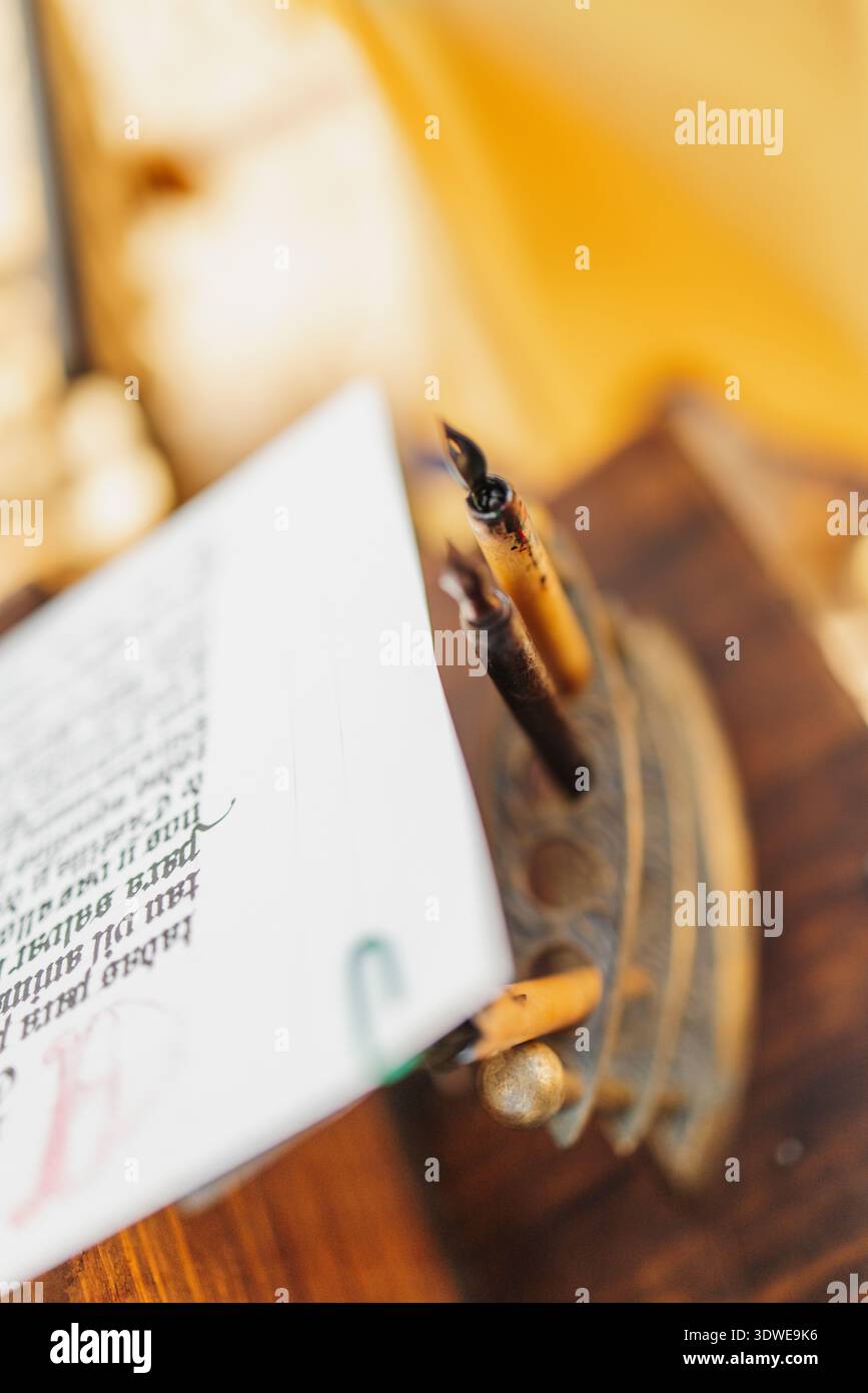 Un primo piano di penne di quill posizionate elegantemente su pergamena invecchiata, circondate da oggetti d'epoca, che mettono in risalto il fascino dell'artigianato storico e del tra Foto Stock