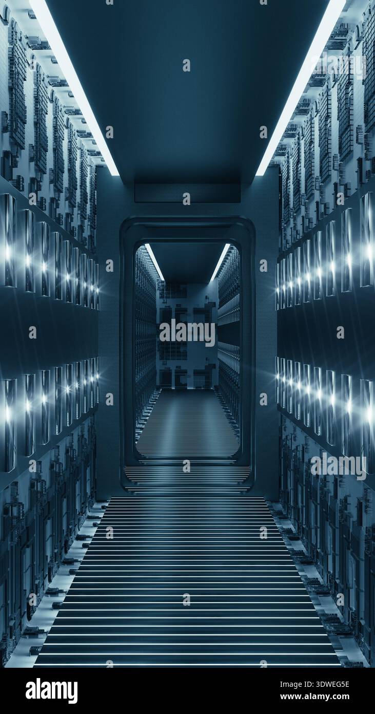 Un lungo corridoio rivestito di server dati brillanti crea un ambiente tecnologico coinvolgente. La scena riflette un'ambientazione elegante e avanzata. Foto Stock
