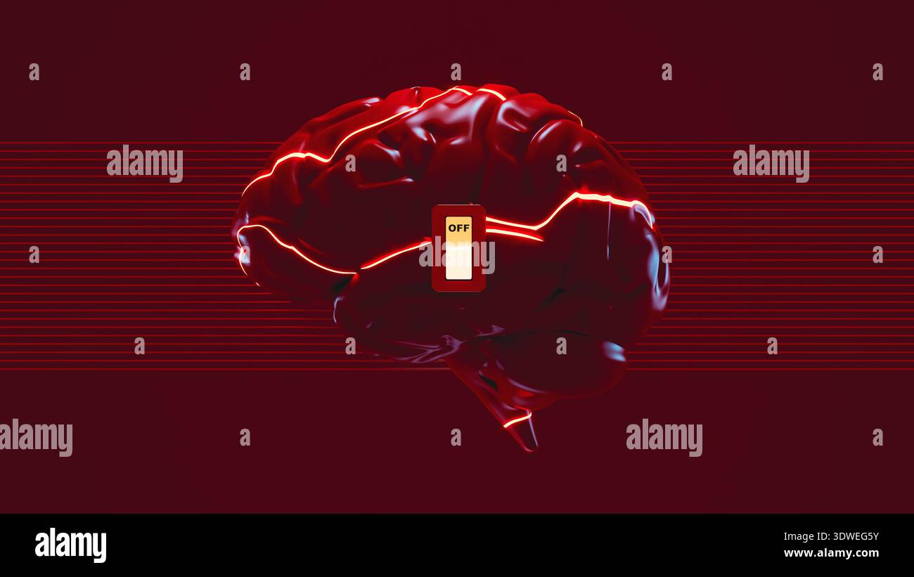 La rappresentazione visiva mostra un cervello con un interruttore a levetta che indica gli stati di attivazione e disattivazione. Simboleggia l'attivazione e la disattivazione del pensiero. Foto Stock
