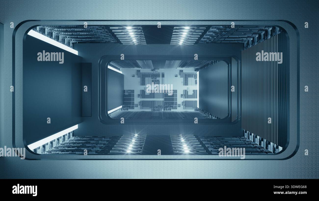 Un lungo corridoio rivestito di server dati brillanti crea un ambiente tecnologico coinvolgente. La scena riflette un'ambientazione elegante e avanzata. Foto Stock