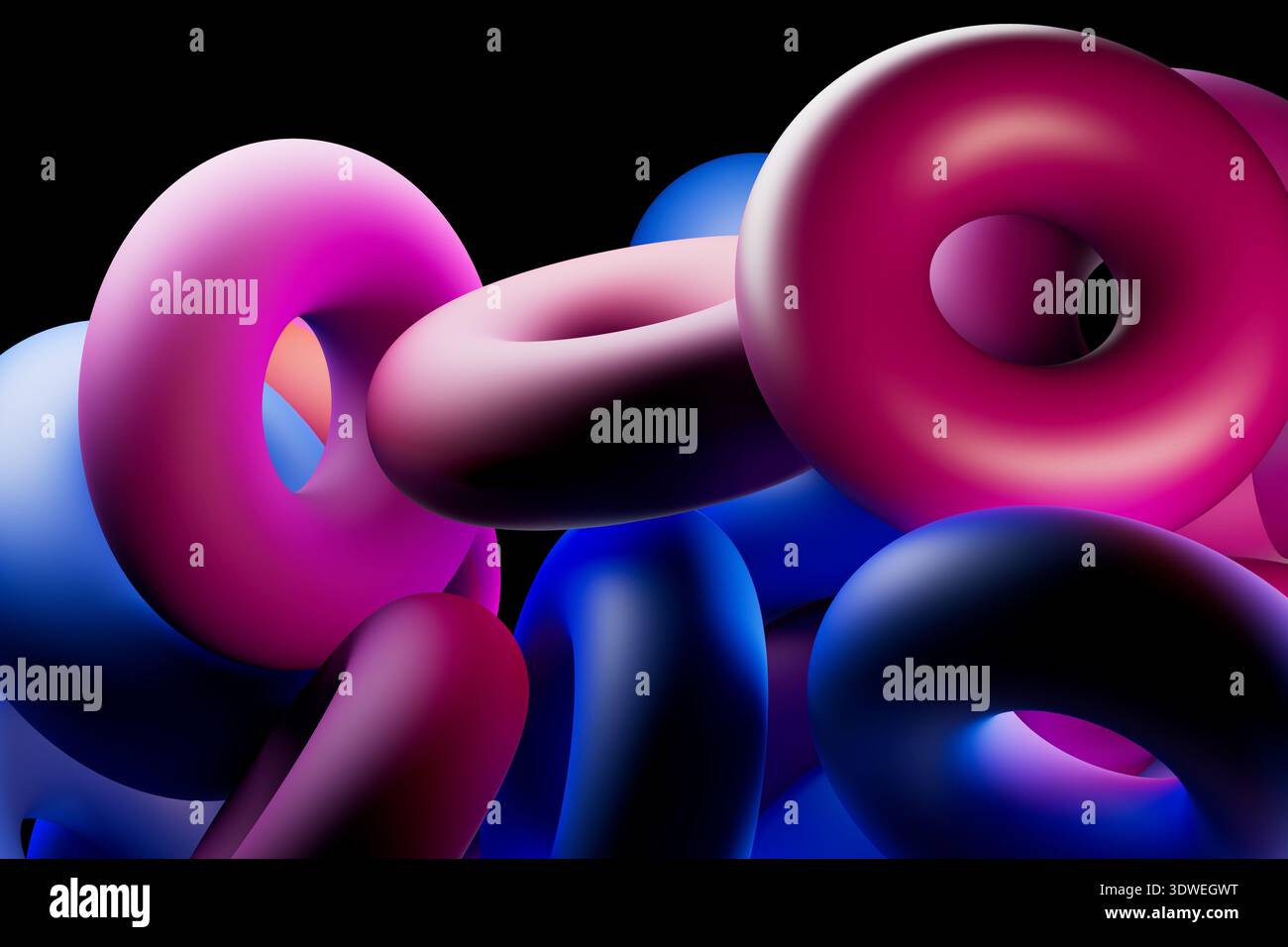 Un'accattivante illustrazione 3D con vibranti forme geometriche nei toni rosa e blu, che si intrecciano graziosamente con uno sfondo nero, creando un Foto Stock
