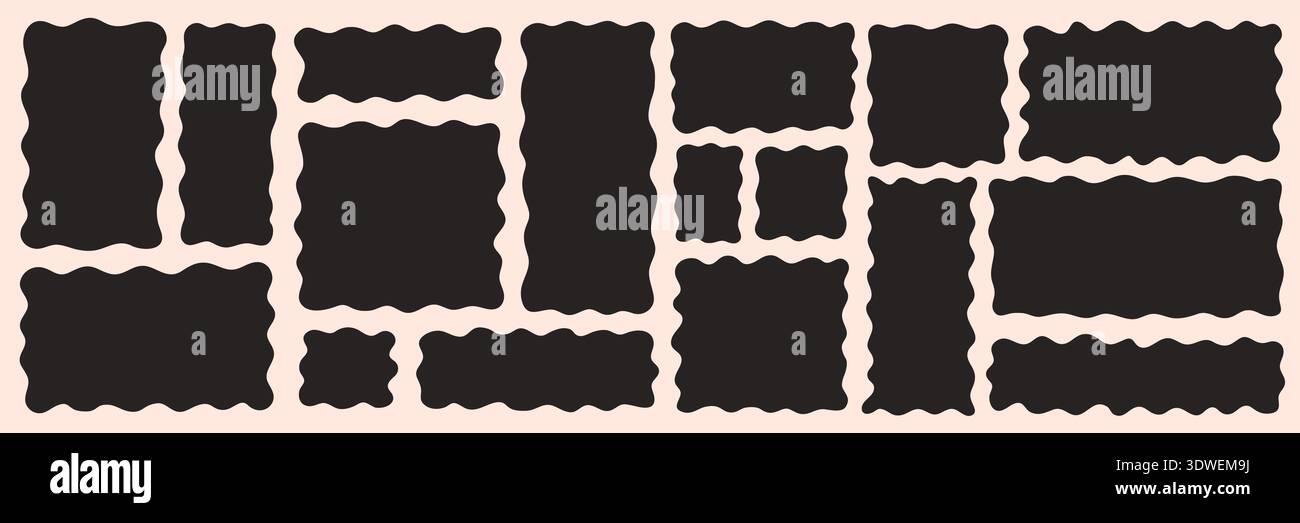 Cornici di forma organica ondulata in formato quadrato e rettangolare con bordi morbidi a zig-zag. Divertenti scatole per scarabocchi e contenitori di testo per poster ed etichette Illustrazione Vettoriale