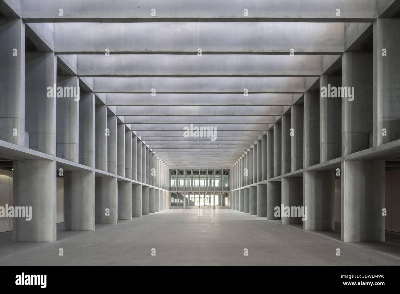 Impressionante architettura brutalista di questo edificio universitario, che presenta un vasto interno con pilastri di cemento e linee simmetriche, incarnanti Foto Stock