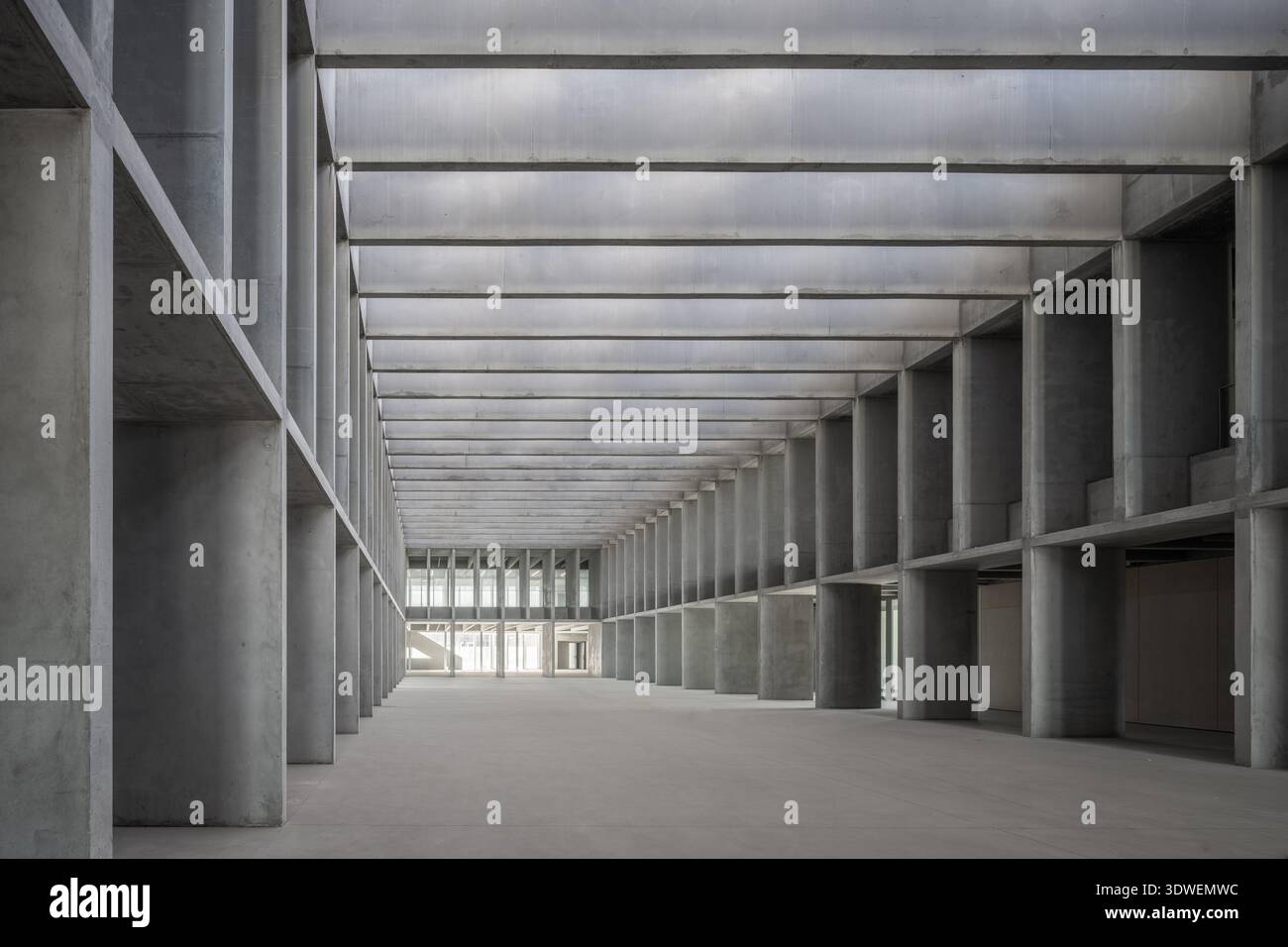 Impressionante architettura brutalista di questo edificio universitario, che presenta un vasto interno con pilastri di cemento e linee simmetriche, incarnanti Foto Stock