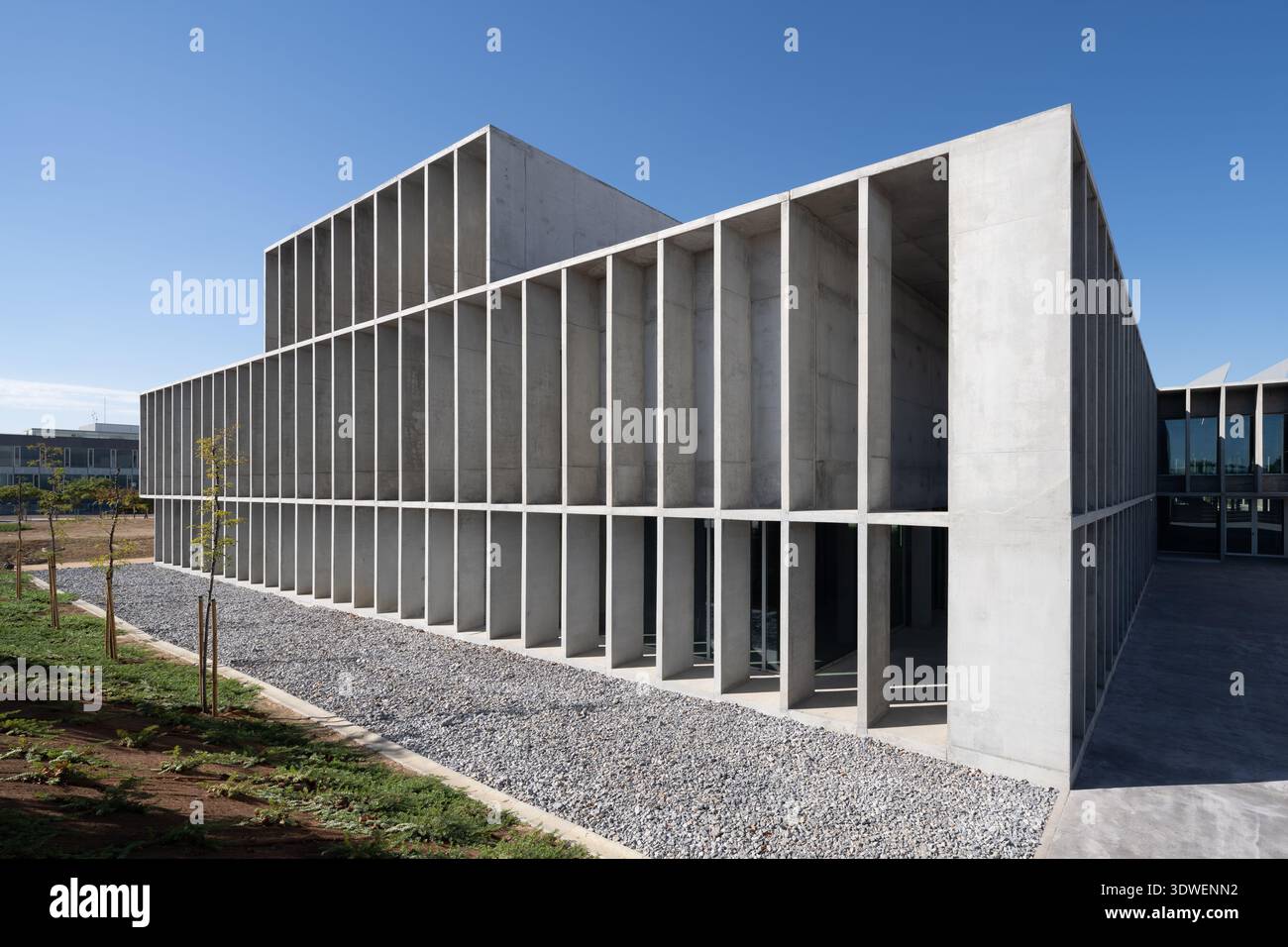 Splendido esempio di architettura brutalista con una facciata in cemento, questo campus universitario presenta linee pulite e design geometrico, empha Foto Stock