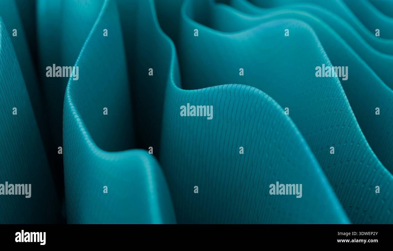 Un'accattivante immagine astratta 3D con eleganti forme blu con linee morbide e fluide. Le trame e le curve dettagliate creano un senso di movimento Foto Stock
